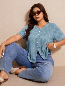 Elaquor Plus Size Women Solid Color Front Button Short Sleeve T-Shirt - Baby Blue - View 8