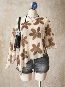 SHEIN ICON Romantic Floral Print Plus Size Mesh Top For Women - Multicolor - View 3