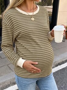 SHEIN 孕婦條紋拼色長袖T恤，適合日常穿著，秋季正式場合，拍照好看，白色與綠色，休閒優雅 - 棕色 - 查看 4
