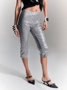BAD SUNDAY Women's Sequin Slim Fit Capri Pants, Y2K Sexy Millennium Hot Girl Versatile All Season Style, Summer/ Ibiza Clubbing Party Silver - Silver - View 7