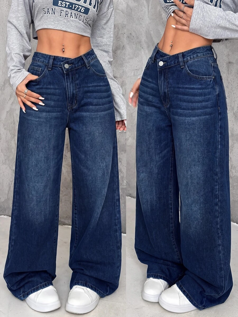 SHEIN PETITE 女款不對稱腰頭口袋寬腿鬆垮休閒街頭風 Y2K 90S 牛仔牛仔褲 校園日常校外穿搭 深藍色 秋季 海軍藍 夏季 - 中等水洗藍 - 查看 1