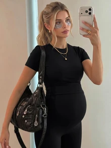 SHEIN 孕婦純色短袖上衣與緊身褲休閒日常運動套裝 - 黑色 - 查看 5