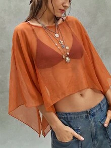 Bohemela Women's Solid Color Sheer Vacation Top For Beach - Orange - View 4