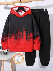 SHEIN 兒童青少年男孩休閒運動黑色連帽衛衣套裝，聖誕紅色衛衣，適合秋冬季、學校、家庭聚會、節日派對，秋季穿搭，冬季穿搭，男孩套裝兒童套裝 - 彩色 - 查看 4