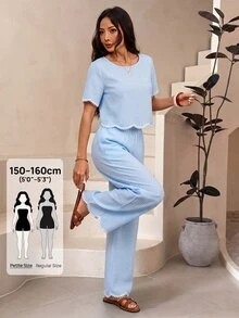 SHEIN PETITE 2件組女款夏季休閒黑白格紋對比色圓領短袖上衣與長褲套裝 - 淺藍色 - 查看 9