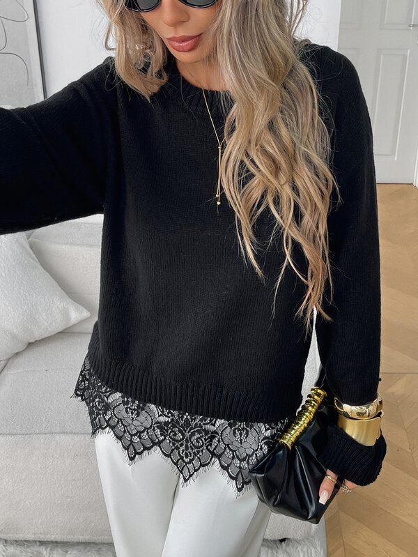 Elyressa Minimalist Versatile Round Neck Black Pullover Sweater With Lace Hem Splice, Soft And Cozy, Dropped Shoulder Loose Fit Long Sleeve, Casual Slouchy, Women's Autumn/Winter Outfit