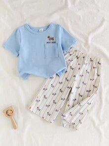 SHEIN Vintaside Kids 2件組男嬰可愛休閒短袖上衣與格紋長褲套裝，適合夏季與旅行 - 藍白色 - 查看 1