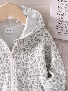 Baby Girl Fashionable Minimalist Cute Leopard Print Hooded Zip-Up Long Sleeve Fleece-Lined Sweatshirt Jacket, Soft Fabric, Suitable For Outings In Autumn/Winter - Multicolor - View 5