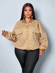 SOLERSUN Plus Size Women's Printed Baseball Jacket Short Zip-Up Jacket With Pocket Design Vintage Top Fall - Khaki - View 6