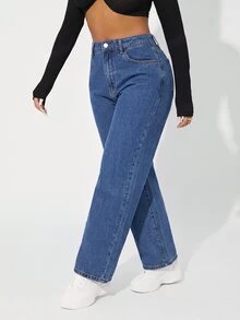 SHEIN ICON 大尺碼女款休閒百搭日常牛仔褲，附口袋與鈕扣設計 - 深色水洗藍 - 查看 1