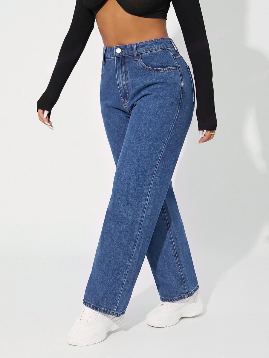 SHEIN ICON 大尺碼女款休閒百搭日常牛仔褲,附口袋與鈕扣設計 - 深色水洗藍 - 查看 1