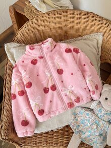 SHEIN LMoss Kids LMoss 女嬰可愛休閒愛心圖案毛絨立領夾克，適合秋冬穿著 - 粉色 - 查看 5