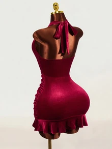 Mistrie Women's Solid Color Elegant Halter Neck Velvet Pleated Dress - Burgundy - View 3