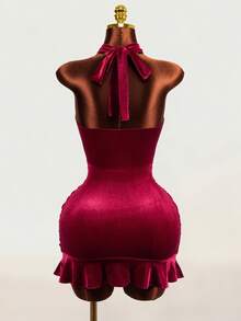 Mistrie Women's Solid Color Elegant Halter Neck Velvet Pleated Dress - Burgundy - View 2