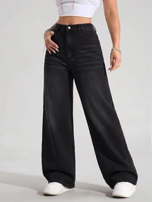 SHEIN ICON 女款大尺碼彈性腰復古淺紫色牛仔直筒長褲 - 黑色 - 查看 6
