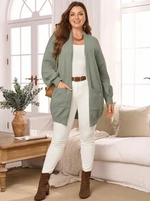Rosumi Cardigan Rajut Lengan Panjang Wanita Ukuran Besar dengan Kantong Depan Terbuka, Warna Polos, dan Bahu Longgar untuk Musim Dingin - Hijau - View 7