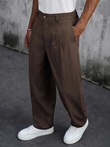 SLATEMANN Men's Solid Color Pleated Straight Leg Casual Pants With Pockets - Coffee Brown - View 4