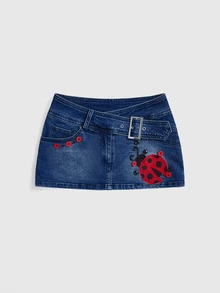 ROMWE Y2K Women's Sexy Embroidered Button Metal Buckle Denim Mini Skirt - Medium Wash - View 1
