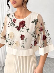 Elenzga Plus Size Women's Elegant 3D Floral Mesh Pleated Long Dress - Apricot - View 7