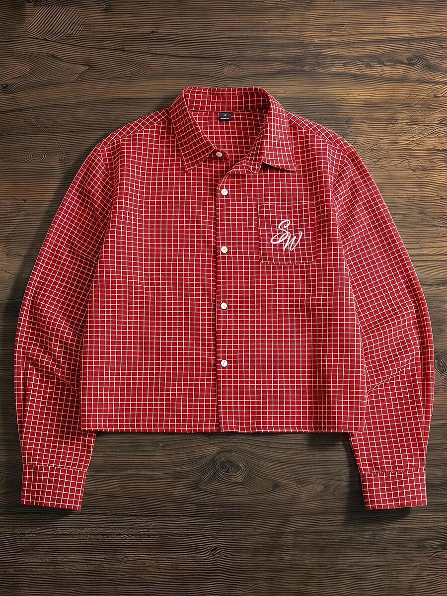 SWAVVY 酒紅色小格紋刺繡男士長袖襯衫 - 酒紅色 - 查看 1