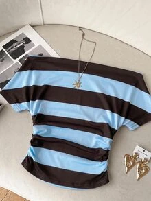 SHEIN EZwear 條紋針織露肩女款T恤 - 藍色 - 查看 6