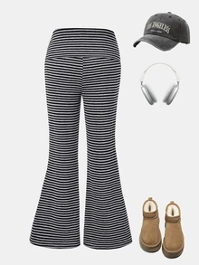SHEIN ChillGRL 1件女童時尚黑灰條紋極簡黑色修身喇叭長褲，適合春夏秋季校園與外出穿著的百搭休閒款 - 黑色 - 查看 2