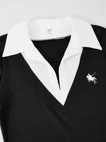 SHEIN 青少年女孩套裝 V領喇叭袖短版上衣 貼身長褲 黑白經典馬尾裝飾 秋季 六年級 正式可愛休閒 郵輪風 - 黑色 - 查看 6