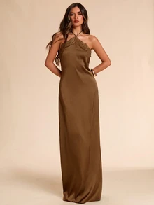 SHEIN BAE 春夏純色咖啡棕蕾絲掛脖緞面垂墜洋裝，浪漫約會、海灘度假、婚禮雞尾酒洋裝 - 棕色 - 查看 5