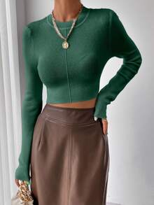 SHEIN Y2K Daily Comfortable Long Sleeve Sweater Commute Retro - Dark Green - View 4