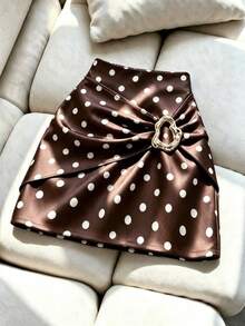 SHEIN Franclia 春夏秋冬四季穿搭，復古棕色波點扭結迷你裙，金屬扣飾高腰中長裙，優雅裙裝，休閒穿著 - 棕色 - 查看 3