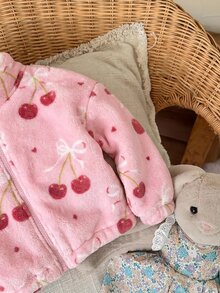 SHEIN LMoss Kids LMoss 女嬰可愛休閒愛心圖案毛絨立領夾克，適合秋冬穿著 - 粉色 - 查看 8