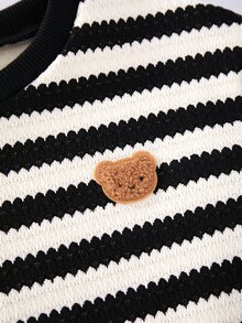 SHEIN 嬰兒男孩/女孩秋冬款黑白條紋圓領抓絨內裡加厚運動衫 - 黑與白 - 查看 3