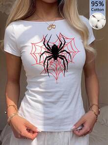 CovetEZ 休閒極簡性感露肩 95% 白色棉短袖 T-shirt，適合春夏，春夏服飾，蜘蛛印花圖案 - 白色 - 查看 6