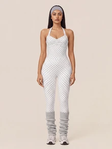 SHEIN BAE Women White Polka Dot Backless Athletic Jumpsuit Gym Workout Training Running Yoga Sports Bodysuit - White - View 7