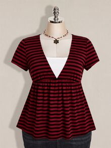 SHEIN ICON 女款大尺碼短袖休閒條紋 2 合 1 T恤 - 紅色和黑色 - 查看 4