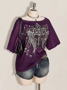 SHEIN ICON 女款大尺碼十字架與翅膀哥德風圖案T恤 - 紫色 - 查看 8
