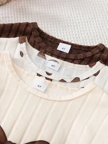 SHEIN Young Girls Bow T-Shirt Set, New Fall Looks, Autumn, Winter, Back To School Autumn/Winter Basic Base Set, Multi-Piece - Brown - View 3