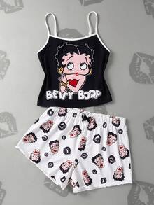 Betty Boop x SHEIN 女款細肩帶背心與短褲睡衣套裝 - 黑與白 - 查看 1