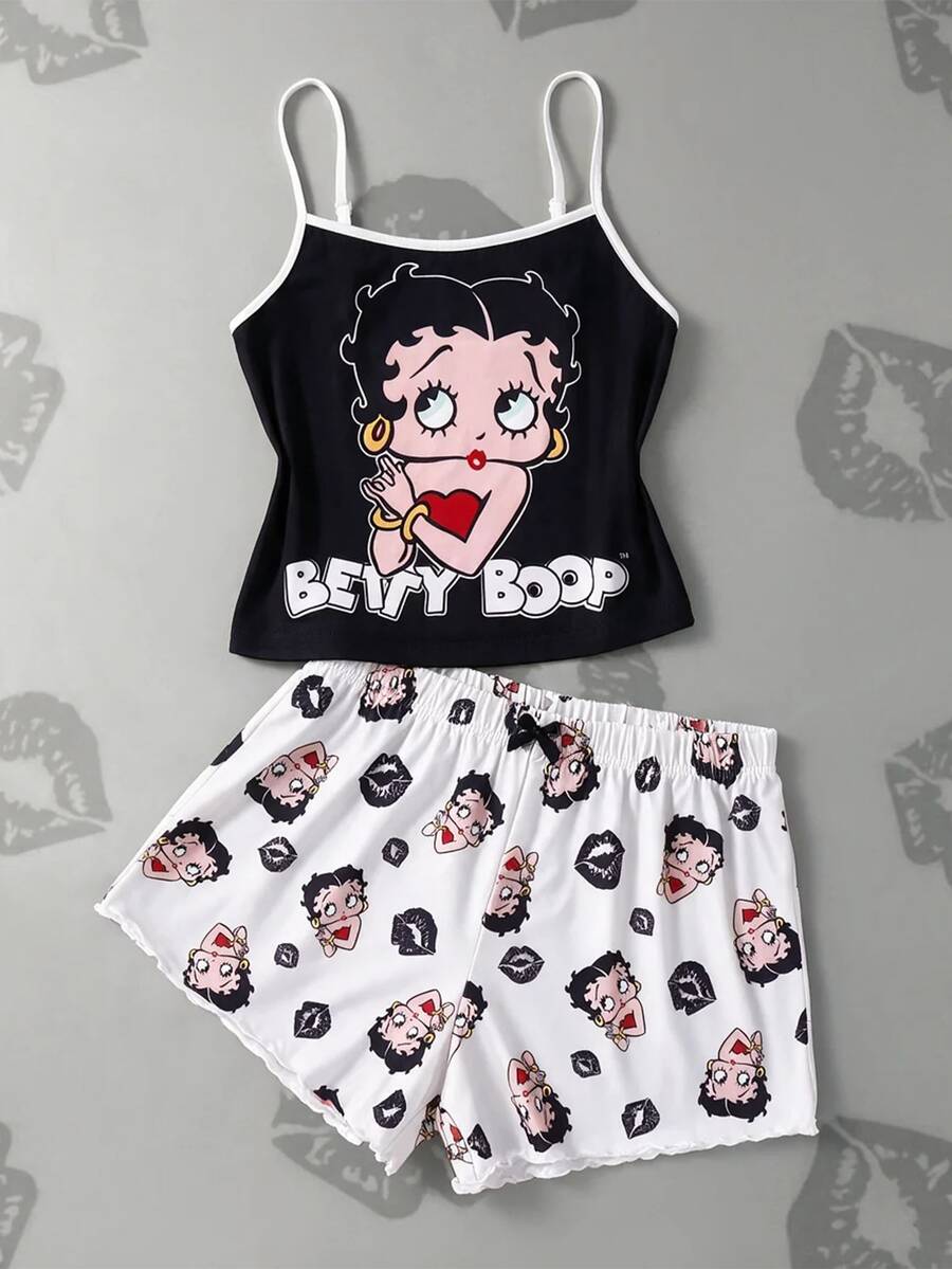 Betty Boop x SHEIN 女款細肩帶背心與短褲睡衣套裝 - 黑與白 - 查看 1