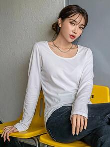 DAZY 女款純色圓領長袖休閒百搭T恤 - 白色 - 查看 3