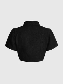 ROMWE Y2K Vintage Court Style Double-Breasted Decorative Petal Sleeve Original Indigo Denim Top For Women - Black - View 2