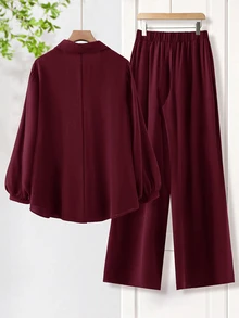 SHEIN Essnce 大尺碼秋季休閒純色襯衫與長褲兩件套 - 酒紅色 - 查看 7