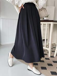 DAZY Teen Girl Solid Color Casual Preppy Pleated Skirt Fall - Navy Blue - View 4