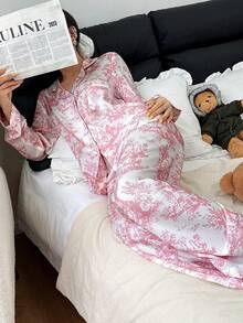 SHEIN 女款泡泡皺紋印花開襟領睡衣套裝 - 白色 - 查看 6
