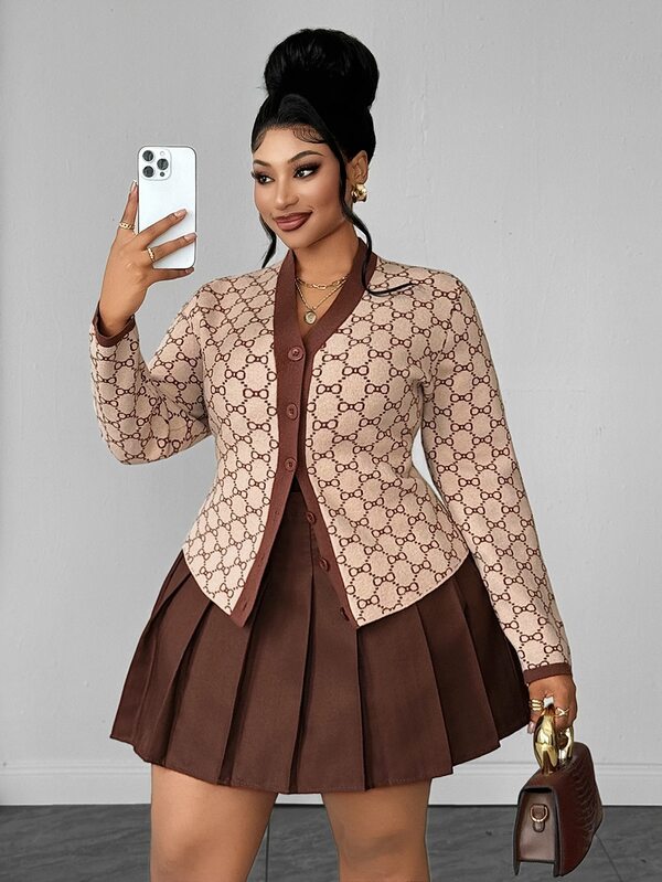 Maweii Women's Autumn/Winter V-Neck Regular Shoulder Long Sleeve Bowknot Jacquard Contrast Color Single Button Waist-Cinching Slimming Vintage Old Money Pink Elegant Commute Office Versatile Holiday Outfit 2026 Latest Plus Size Cardigan