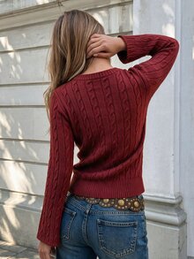 Autumina Women's Cable Knit V-Neck Long Sleeve Fitted Casual Sweater - Red - View 2