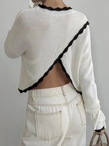DAZY Women's Versatile Fashion Contrast Color Tie Cuff Sweater Autumn Night Out White And Black Sexy Minimalist Modest - White - View 3