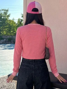 DAZY 女款圓領條紋短版寬鬆短袖T恤 秋季 - 粉色 - 查看 5