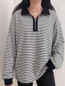 SHEIN Plus Size Women's Striped Casual Elegant Versatile Daily Wear Long Sleeve Sweatshirt Graduation Club Vacation Formal Black And White Fall - Multicolor - View 3