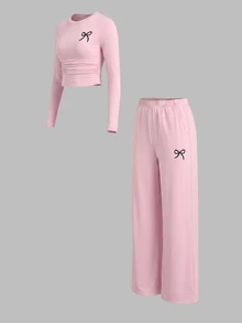 Sweetra Women's Pink 2 Pieces Sports Set, Bow Print Pleated Cropped Long Sleeve Top, Elastic Waist Split Hem Wide Leg Pants - Pink - View 2